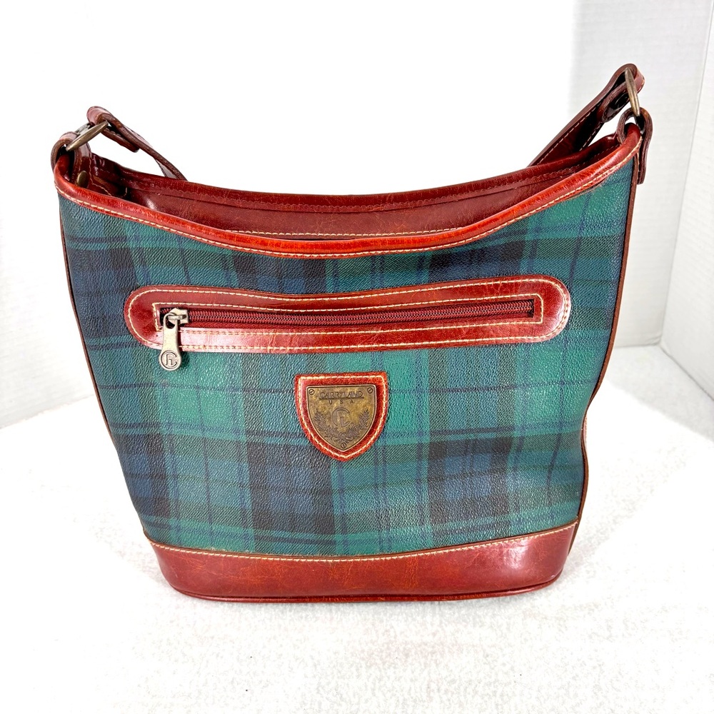 Vtg CARRYLAND pine green plaid  leather Handles Tote purse